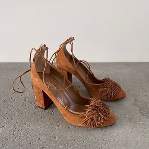 AQUAZZURA Wild Thing Fringe Block Heel Pump 85 in Cognac
